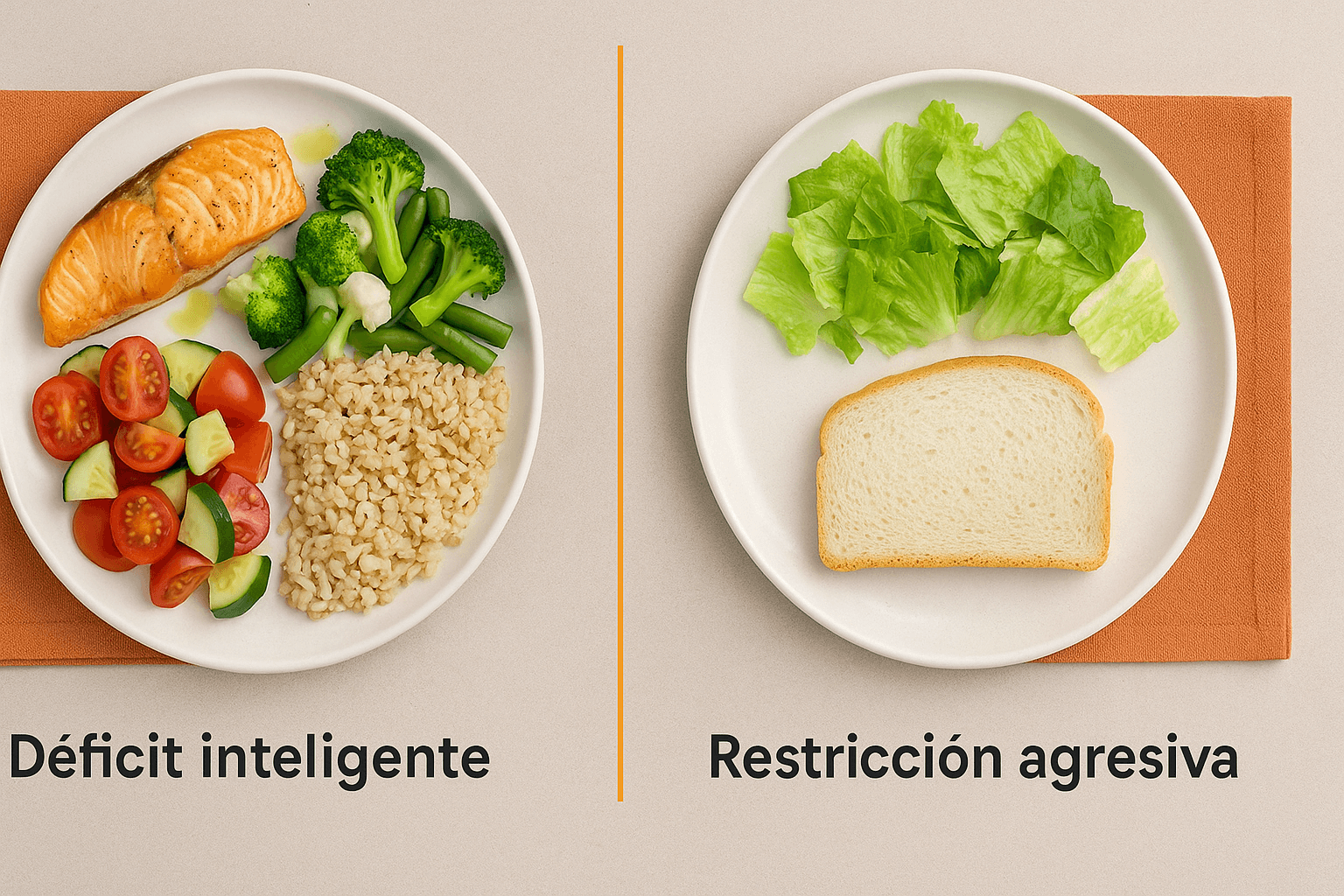 Comparación entre un plato equilibrado y uno hipocalórico pobre en nutrientes.