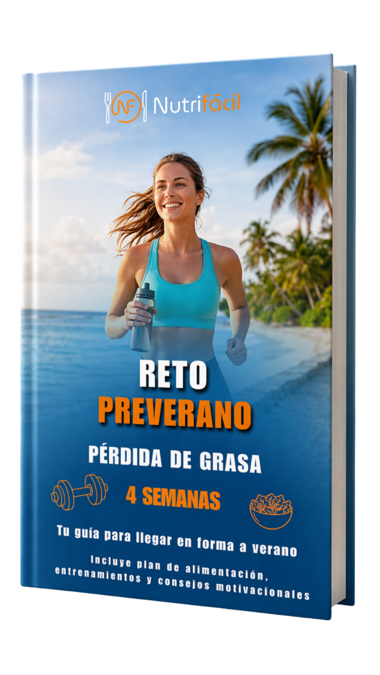 Portada del eBook Reto Preverano de Nutrifácil, una guía de 4 semanas para la pérdida de grasa con plan de alimentación, entrenamientos y consejos motivacionales.