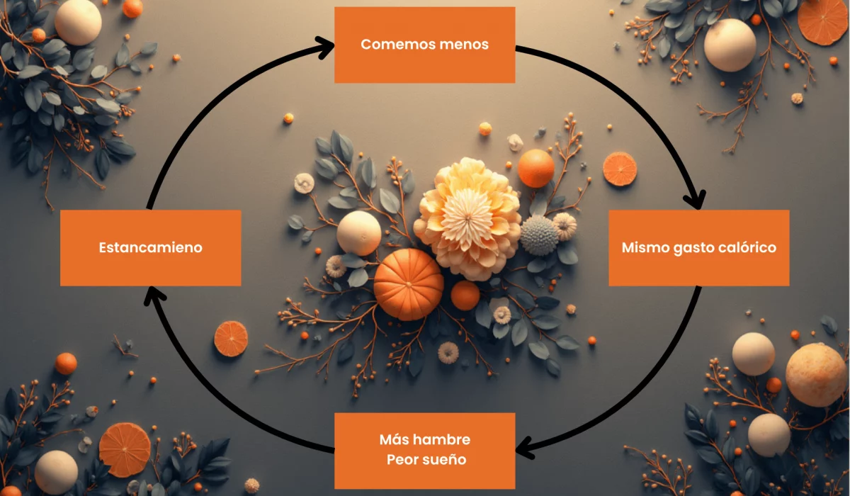 Diagrama que explica cómo el cuerpo se adapta cuando recortamos calorías en exceso.