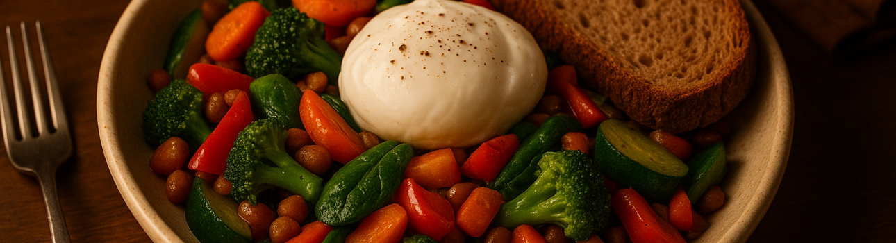 Plato de vegetales salteados con huevo pochado y pan integral, en un ambiente nocturno cálido.