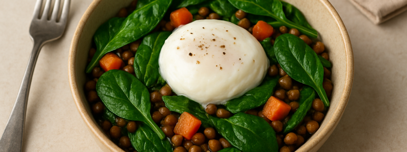 Ensalada templada de lentejas con espinacas y huevo poché