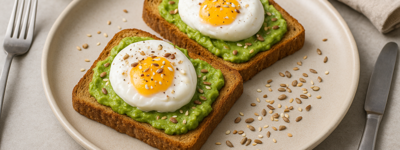 Tostadas integrales con aguacate, huevo pochado y semillas