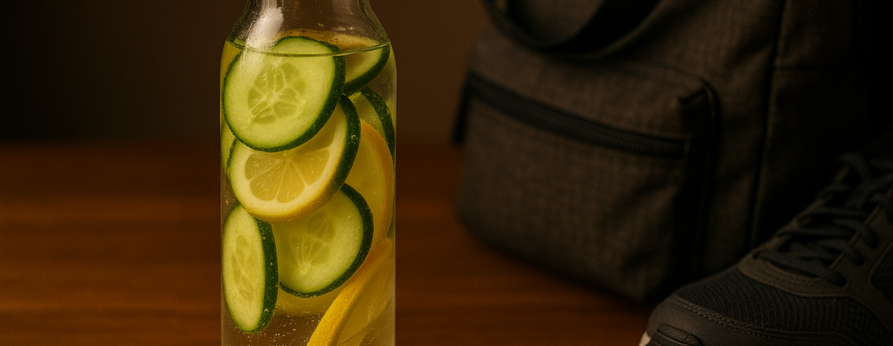 Botella de cristal con rodajas de pepino y limón sobre escritorio o junto a una mochila de gimnasio.